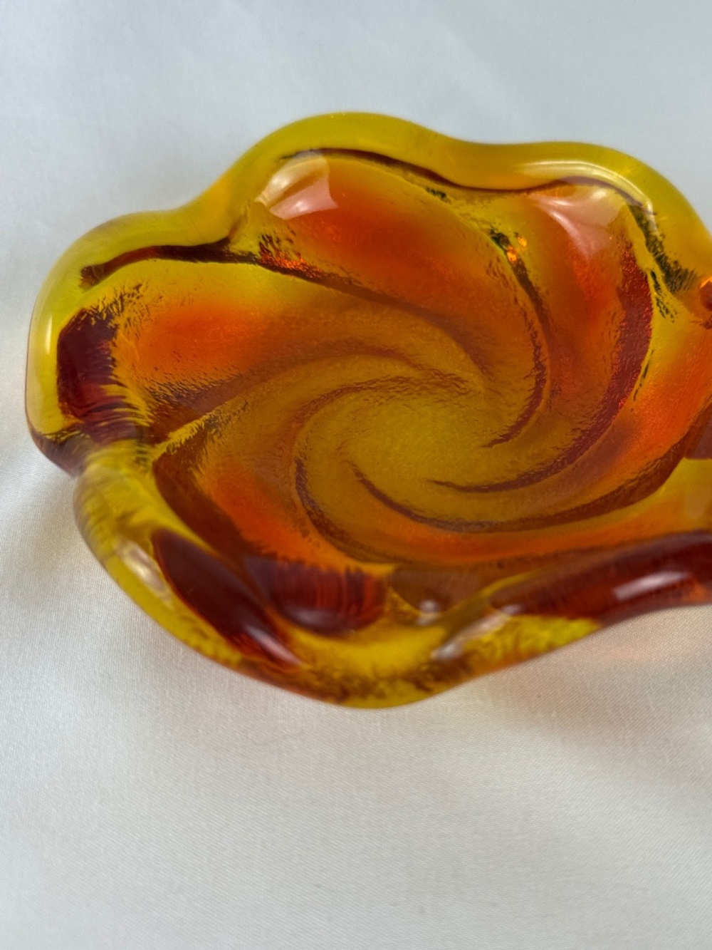 Vintage Fenton Ashtray Candy Trinket Dish Heavy Art Glass Orange Amberina Swirl